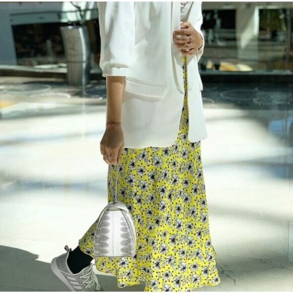 Zara EUC Floral Print A-Line Midi Skirt Yellow Size Size M Bloggers Fav - Picture 8 of 15